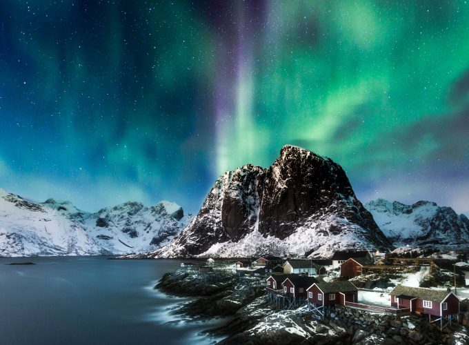 Wallpaper Norway, Lofoten islands, Europe, Mountains, sea, night, northern lights, 5k, Travel 807911361